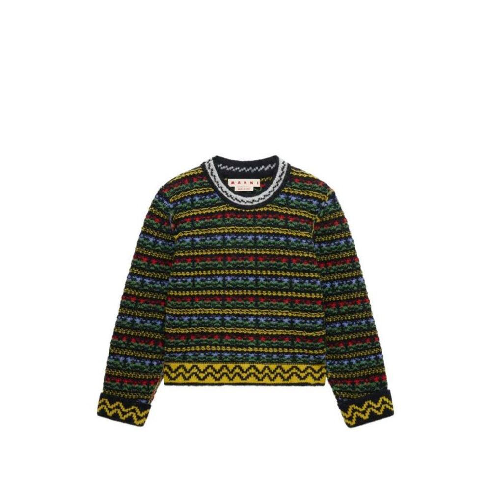 Marni Women Black Shetland Wool Sweater With Fair Isle Pattern